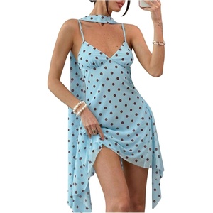 image:imageFloerns Women V Neck Spaghetti Strap Ruffle Mini A Line Dresses with ScarfLight Blue