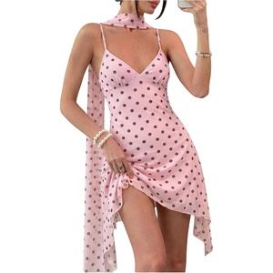 image:imageFloerns Women V Neck Spaghetti Strap Ruffle Mini A Line Dresses with ScarfLight Pink