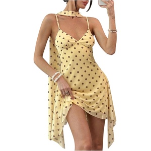 image:imageFloerns Women V Neck Spaghetti Strap Ruffle Mini A Line Dresses with ScarfLight Yellow