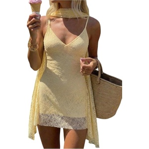 image:imageFloerns Women V Neck Spaghetti Strap Ruffle Mini A Line Dresses with ScarfYellow