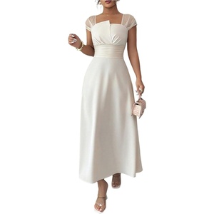 image:imageFloerns Womens Elegant Square Neck Long Dress Mesh Short Sleeve Ruched Wedding Guest DressesApricot