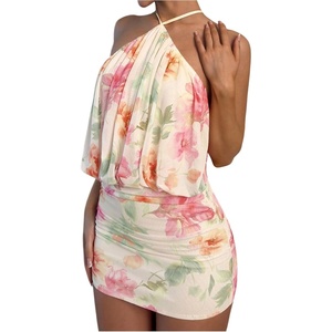 image:imageFloerns Womens Floral Mini Dress Halter Neck Bodycon Wedding Guest DressesApricot