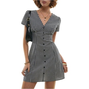 image:imageFloerns Womens Gingham Button Down Mini Dress Summer Short Sleeve V Neck A Line Vacation DressesBlack