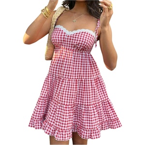 image:imageFloerns Womens Gingham Tie Shoulder Boho Dress Lace Trim Tiered Ruffle Smocked Vacation DressesBurgundy