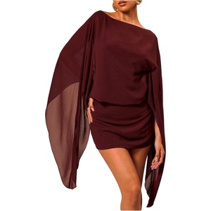 image:imageFloerns Womens Mesh Elegant Mini Dresses Boat Neck Cape Sleeve Cocktail Party DressRed