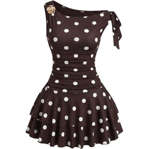 image:imageFloerns Womens Off The Shoulder Metal Floral Layered Hem Mini DressesBrown Polka Dots