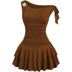 image:imageFloerns Womens Off The Shoulder Metal Floral Layered Hem Mini DressesMocha Brown
