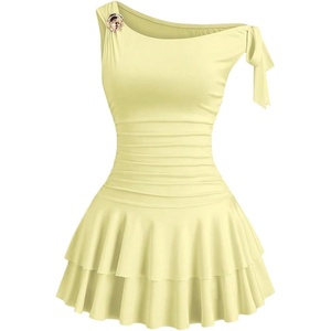 image:imageFloerns Womens Off The Shoulder Metal Floral Layered Hem Mini DressesPale Yellow