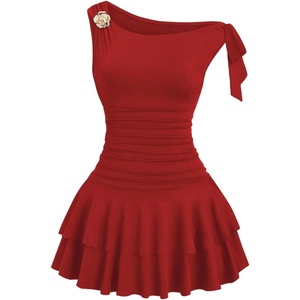 image:imageFloerns Womens Off The Shoulder Metal Floral Layered Hem Mini DressesRed