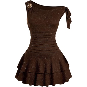 image:imageFloerns Womens Off The Shoulder Metal Floral Layered Hem Mini DressesRust Brown