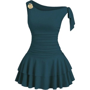 image:imageFloerns Womens Off The Shoulder Metal Floral Layered Hem Mini DressesTeal Blue