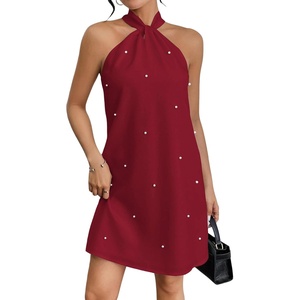 image:imageFloerns Womens Pearl Beaded Halter Twist Sleeveless Tie Back DressDark Red