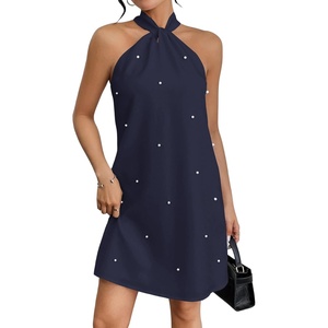 image:imageFloerns Womens Pearl Beaded Halter Twist Sleeveless Tie Back DressDeep Blue