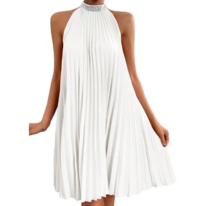 image:imageFloerns Womens Pearl Beaded Halter Twist Sleeveless Tie Back DressSliver and White