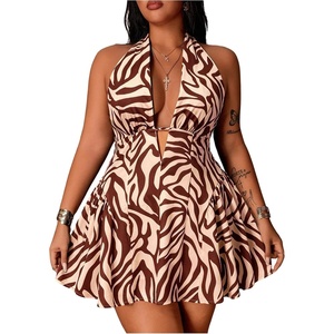 image:imageFloerns Womens Plus Size Cute Polka Dots Halter Mini Dress Ruffle A Line Going Out DressesBrown Zebra