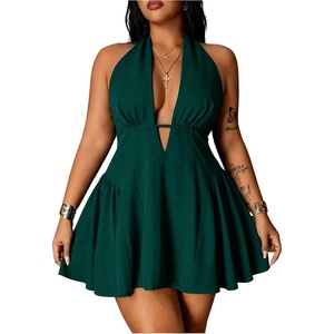 image:imageFloerns Womens Plus Size Cute Polka Dots Halter Mini Dress Ruffle A Line Going Out DressesDark Green