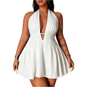 image:imageFloerns Womens Plus Size Cute Polka Dots Halter Mini Dress Ruffle A Line Going Out DressesWhite Solid