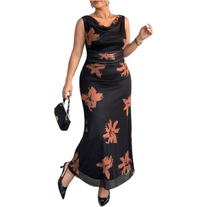 image:imageFloerns Womens Plus Size Floral Cowl Neck Long Dress Sleeveless Ruched A Line Wedding Guest DressesBlack