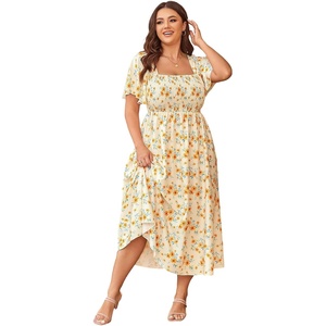 image:imageFloerns Womens Plus Size Floral Square Neck Short Sleeve Maxi DressYellow Multi