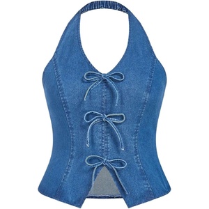 image:imageFloerns Womens Plus Size Going Out Denim Halter Tops Sleeveless Bowknot Slit Cute Tank TopLight Wash