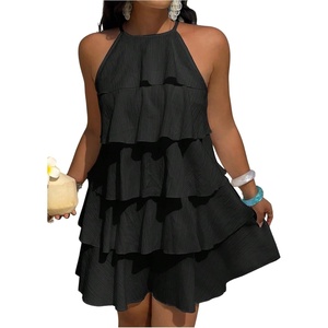 image:imageFloerns Womens Plus Size Halter Ruffle Mini Dress Summer Sleeveless Tiered Casual Vacation DressesBlack