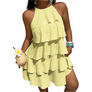image:imageFloerns Womens Plus Size Halter Ruffle Mini Dress Summer Sleeveless Tiered Casual Vacation DressesButter Yellow