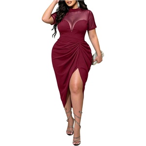 image:imageFloerns Womens Plus Size Mesh Short Sleeve Midi Dress Split Ruched Night Out Party Bodycon DressesBurgundy