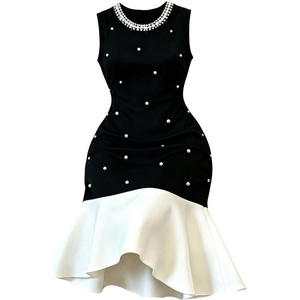 image:imageFloerns Womens Plus Size Pearl Beaded Fishtail Colorblock Cocktail DressBlack and White