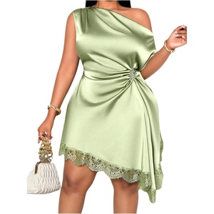 image:imageFloerns Womens Plus Size Satin Off The Shoulder Dress Lace Trim Asymmetrical Ruched Cocktail Party DressesGreen