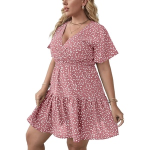 image:imageFloerns Womens Plus Size V Neck Short Sleeve Ruffle Hem A Line Short DressA Dusty Pink