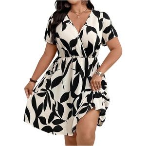 image:imageFloerns Womens Plus Size V Neck Short Sleeve Ruffle Hem A Line Short DressApricot and Black