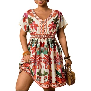 image:imageFloerns Womens Plus Size V Neck Short Sleeve Ruffle Hem A Line Short DressBeige Orange Tropical