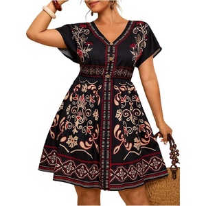 image:imageFloerns Womens Plus Size V Neck Short Sleeve Ruffle Hem A Line Short DressBlack Red Multi