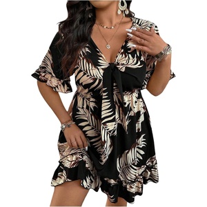 image:imageFloerns Womens Plus Size V Neck Short Sleeve Ruffle Hem A Line Short DressBlack Tropical Plant