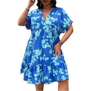 image:imageFloerns Womens Plus Size V Neck Short Sleeve Ruffle Hem A Line Short DressBlue Leaf