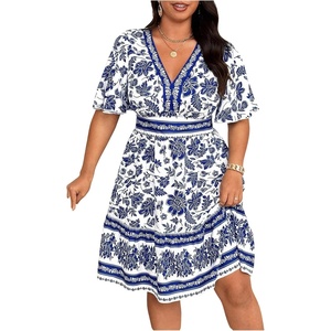 image:imageFloerns Womens Plus Size V Neck Short Sleeve Ruffle Hem A Line Short DressClassic Blue and White