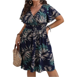 image:imageFloerns Womens Plus Size V Neck Short Sleeve Ruffle Hem A Line Short DressDark Blue
