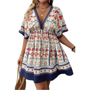 image:imageFloerns Womens Plus Size V Neck Short Sleeve Ruffle Hem A Line Short DressMulti Foral
