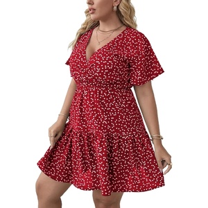 image:imageFloerns Womens Plus Size V Neck Short Sleeve Ruffle Hem A Line Short DressRed