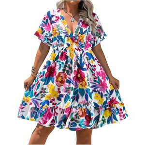 image:imageFloerns Womens Plus Size V Neck Short Sleeve Ruffle Hem A Line Short DressWhite Floral Multi