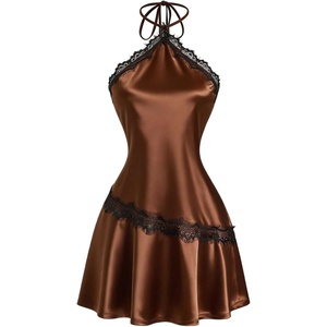 image:imageFloerns Womens Satin Lace Trim Halter Dress Sleeveless Ruffle Club Date Night Mini DressesCoffee Brown