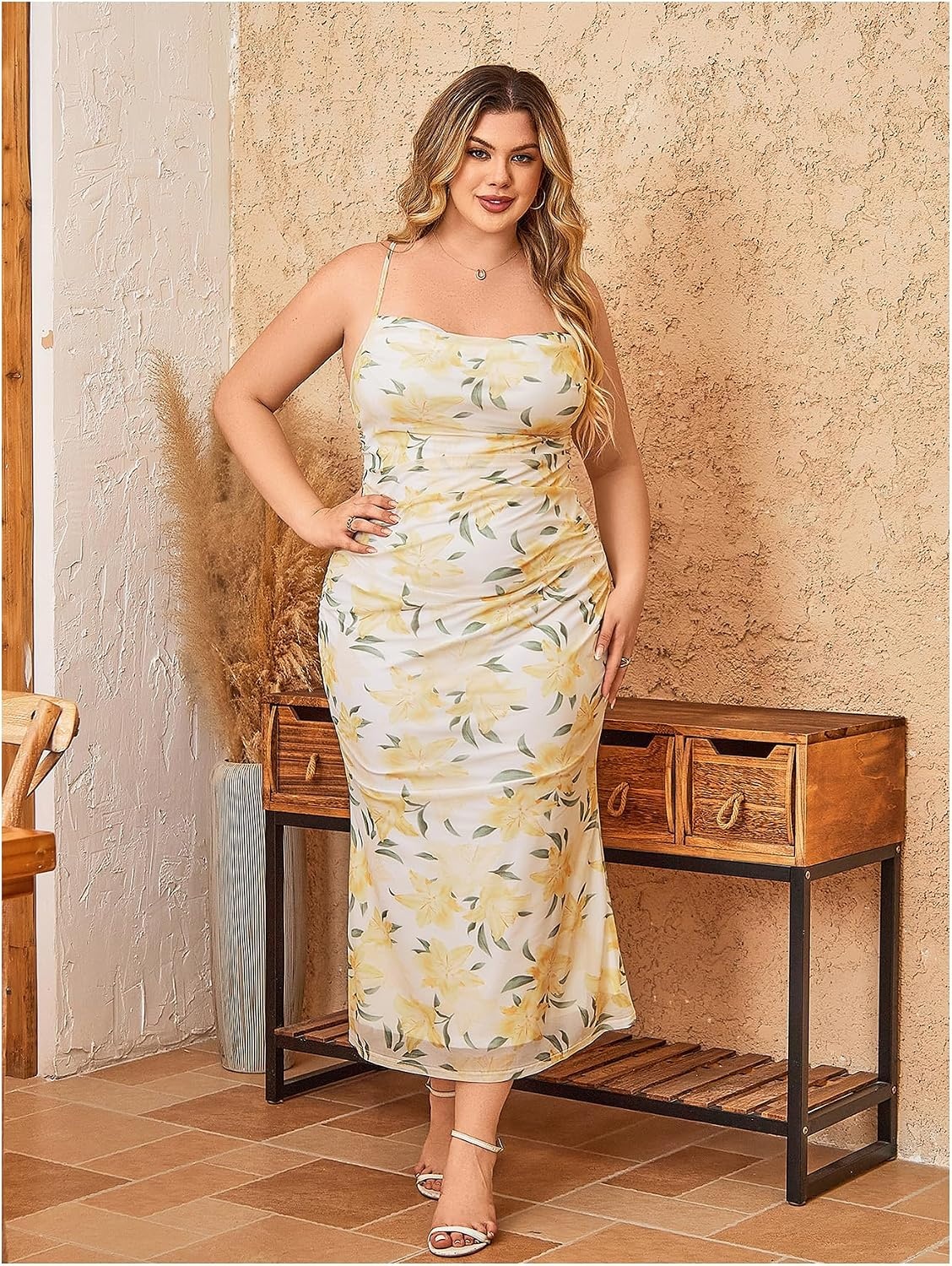 image:imageFloerns Womens Plus Size Vintage Graphic Mesh Long Birthday Goth DressesYellow Floral