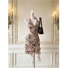 image:imageFloerns Womens Cheetah Draped Halter Mini Dress Tiered Ruffle Club OutfitsKhaki