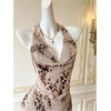 image:imageFloerns Womens Cheetah Draped Halter Mini Dress Tiered Ruffle Club OutfitsKhaki