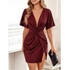 image:imageFloerns Womens Deep V Neck Twisted Plunging High Slit Mini Party DressBurgundy Brown