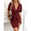image:imageFloerns Womens Deep V Neck Twisted Plunging High Slit Mini Party DressBurgundy Brown