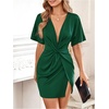 image:imageFloerns Womens Deep V Neck Twisted Plunging High Slit Mini Party DressDark Green