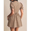 image:imageFloerns Womens Gingham Short Puff Sleeve Crew Neck Mini A Line DressBrown
