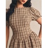 image:imageFloerns Womens Gingham Short Puff Sleeve Crew Neck Mini A Line DressBrown