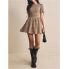 image:imageFloerns Womens Gingham Short Puff Sleeve Crew Neck Mini A Line DressBrown